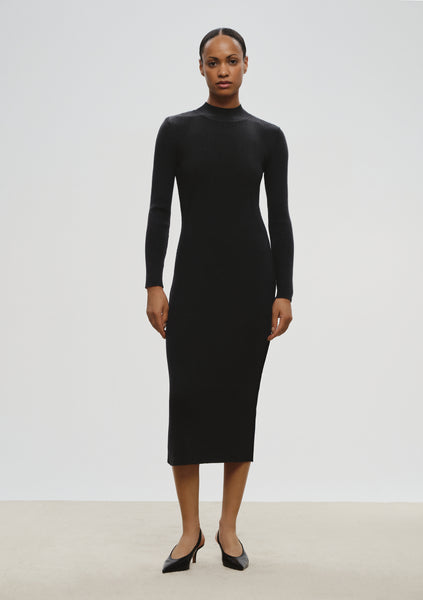 drae ssense exclusive black wool rib knit dress The Rib Sweater Midi Dress In Ink